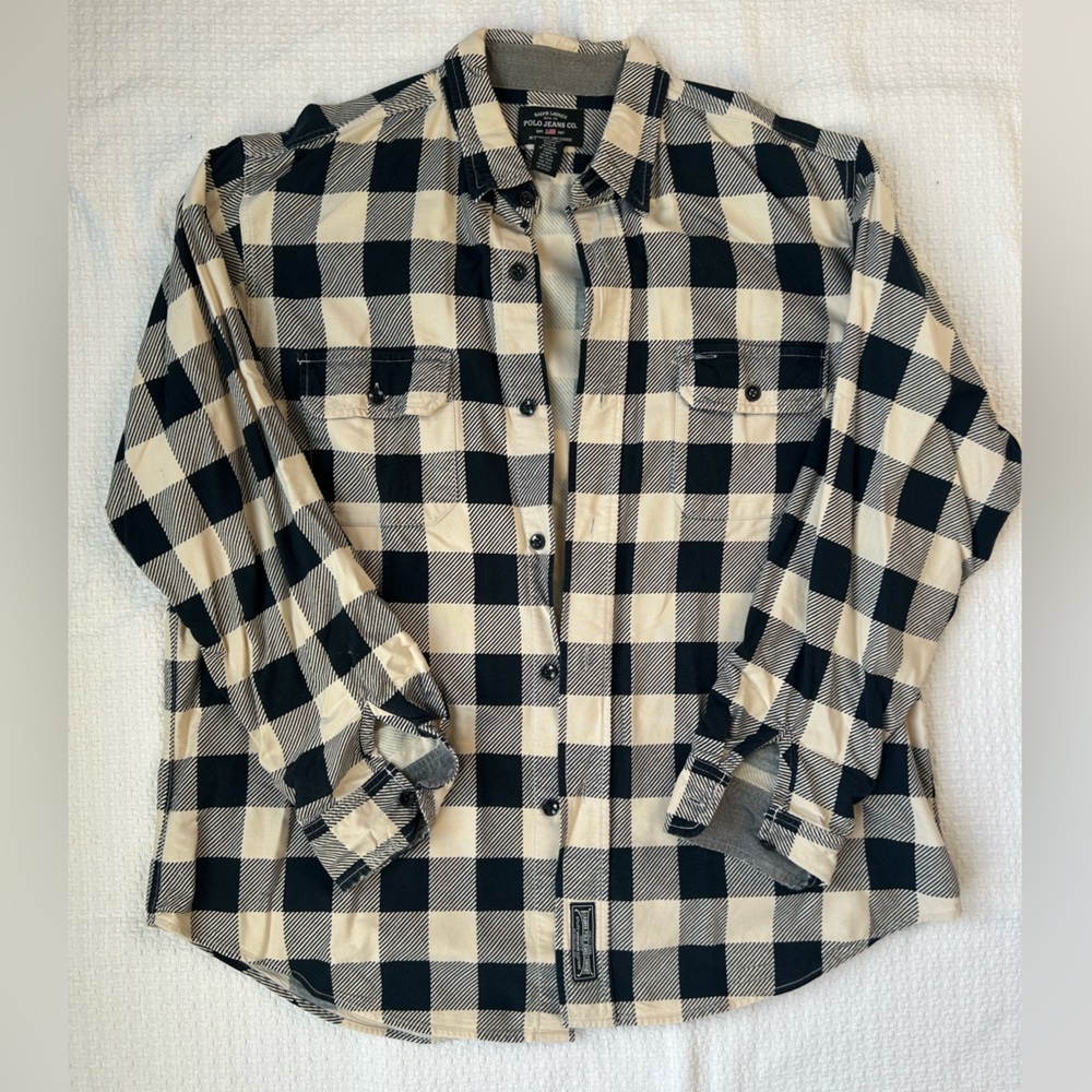 Polo Jeans Co Black and Cream Patchwork Long Sleeve Button Up Shirt  - Large